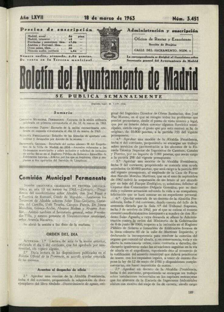 Miniatura de Boletín oficial del Ayuntamiento del 18 de marzo de 1963, nº 3451