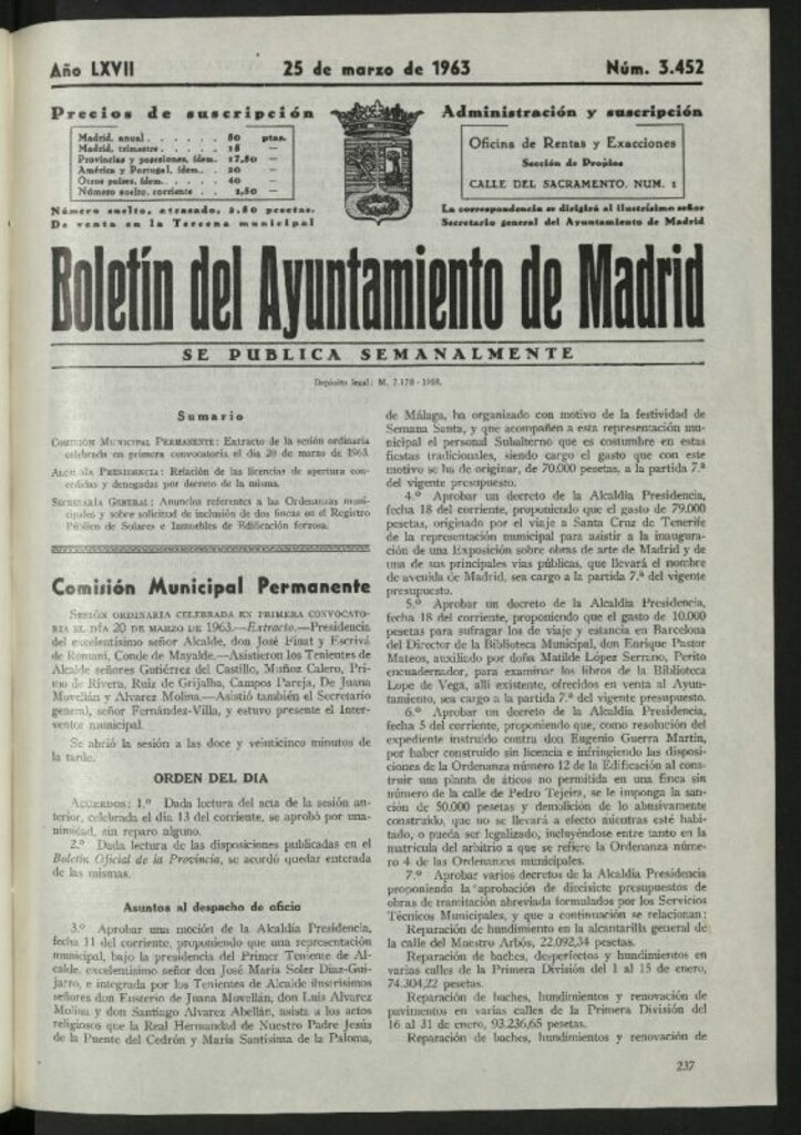 Miniatura de Boletín oficial del Ayuntamiento del 25 de marzo de 1963, nº 3452