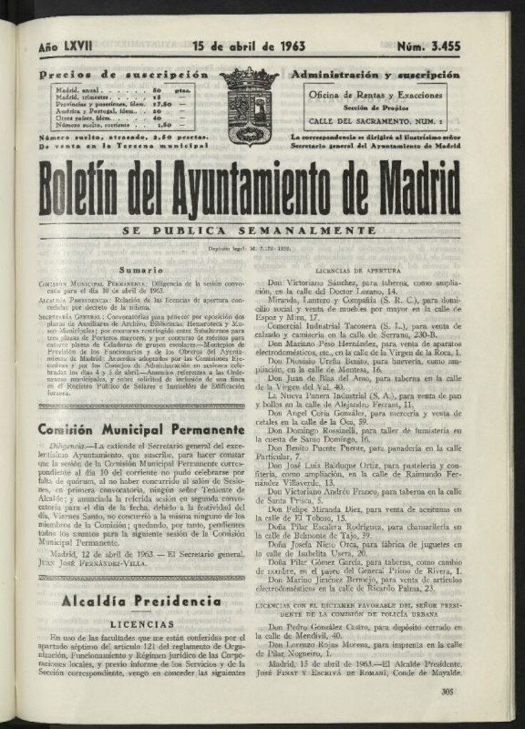 Miniatura de Boletín oficial del Ayuntamiento del 15 de abril de 1963, nº 3455