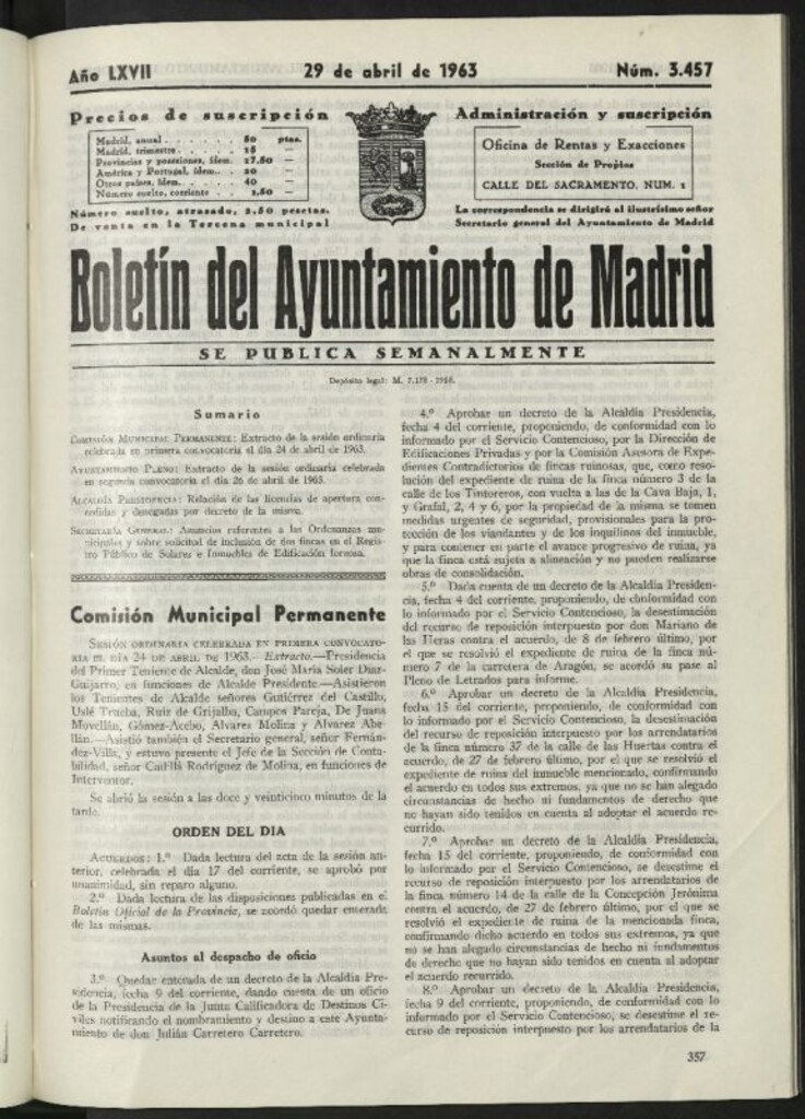 Miniatura de Boletín oficial del Ayuntamiento del 29 de abril de 1963, nº 3457