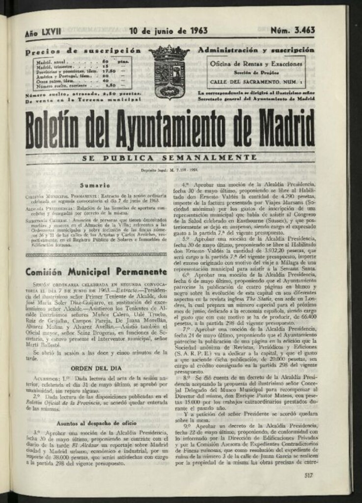 Miniatura de Boletín oficial del Ayuntamiento del 10 de junio de 1963, nº 3463