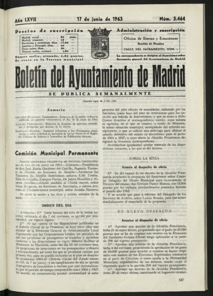 Miniatura de Boletín oficial del Ayuntamiento del 17 de junio de 1963, nº 3464