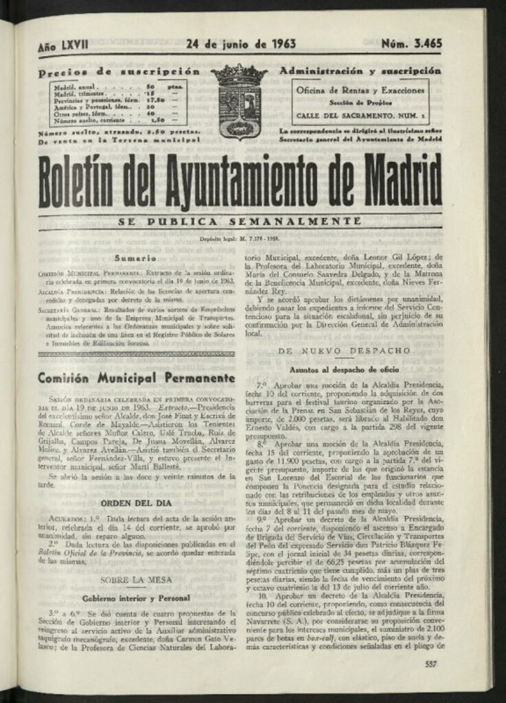 Miniatura de Boletín oficial del Ayuntamiento del 24 de junio de 1963, nº 3465
