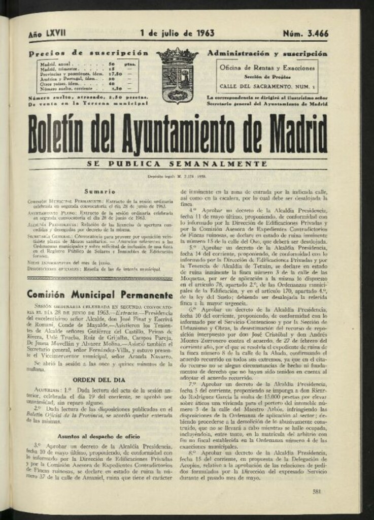 Miniatura de Boletín oficial del Ayuntamiento del 1 de julio de 1963, nº 3466