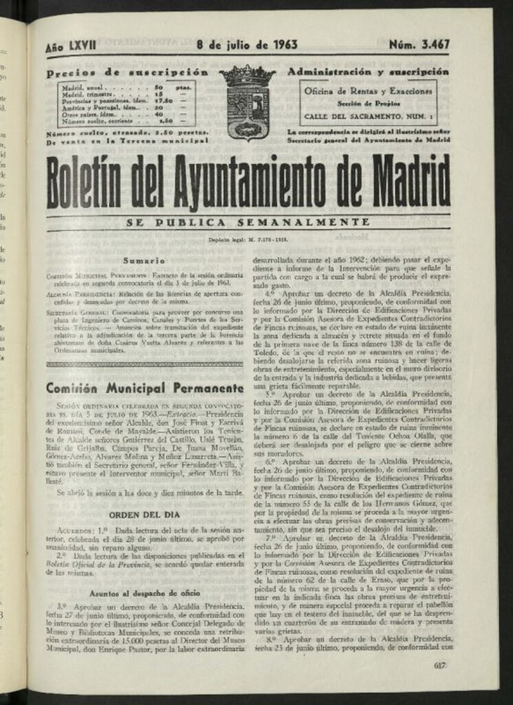Miniatura de Boletín oficial del Ayuntamiento del 8 de julio de 1963, nº 3467