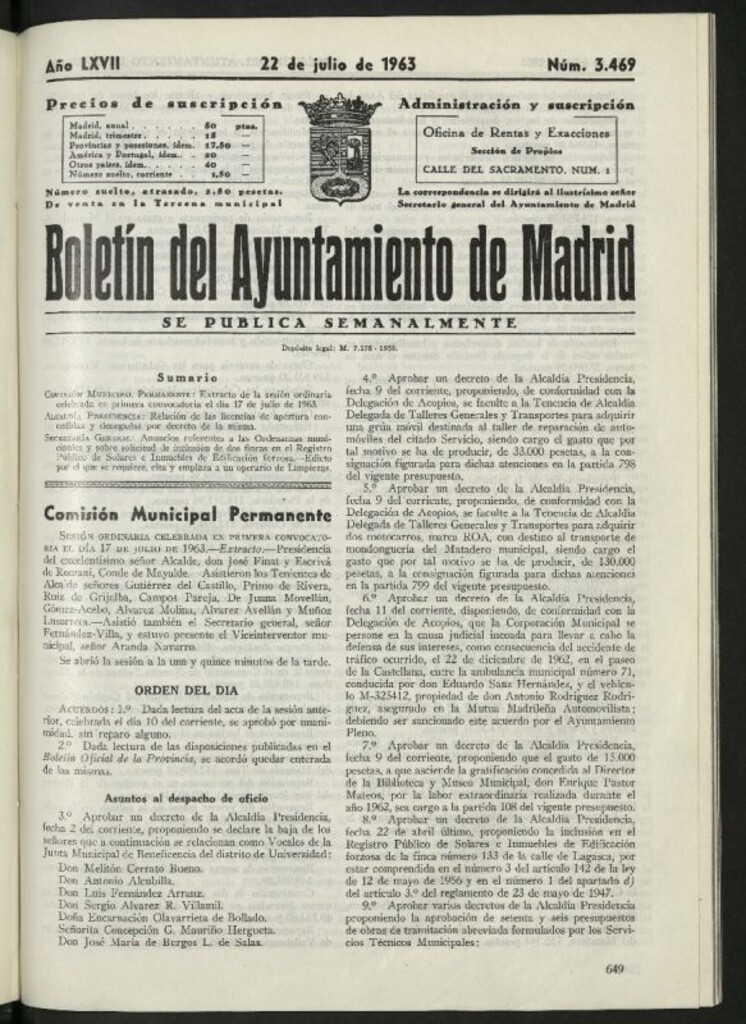 Miniatura de Boletín oficial del Ayuntamiento del 22 de julio de 1963, nº 3469