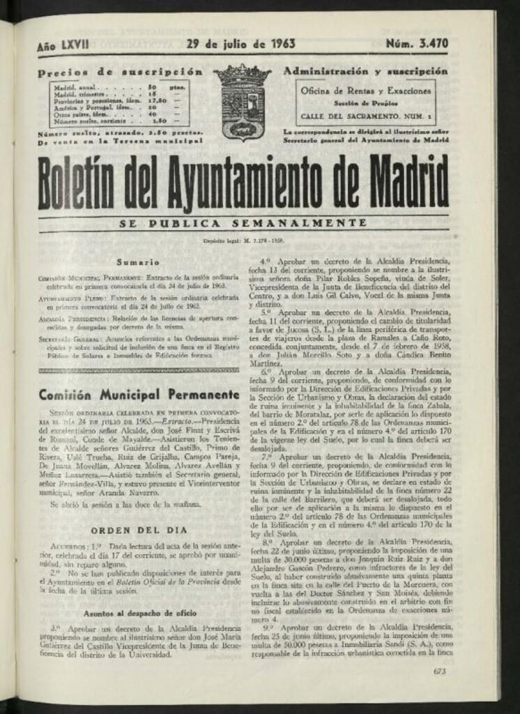 Miniatura de Boletín oficial del Ayuntamiento del 29 de julio de 1963, nº 3470