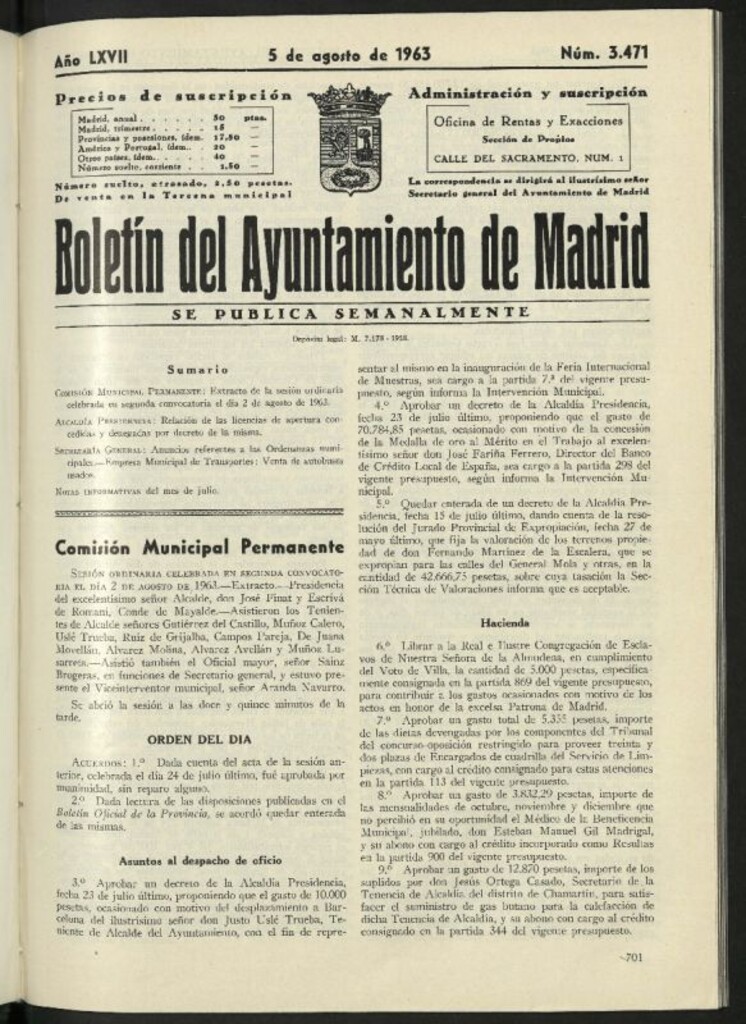 Miniatura de Boletín oficial del Ayuntamiento del 5 de agosto de 1963, nº 3471