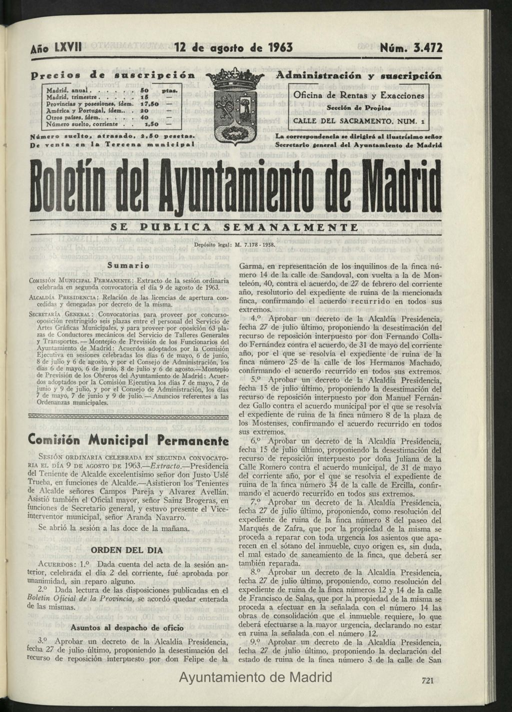 Miniatura de Boletín oficial del Ayuntamiento del 12 de agosto de 1963, nº 3472