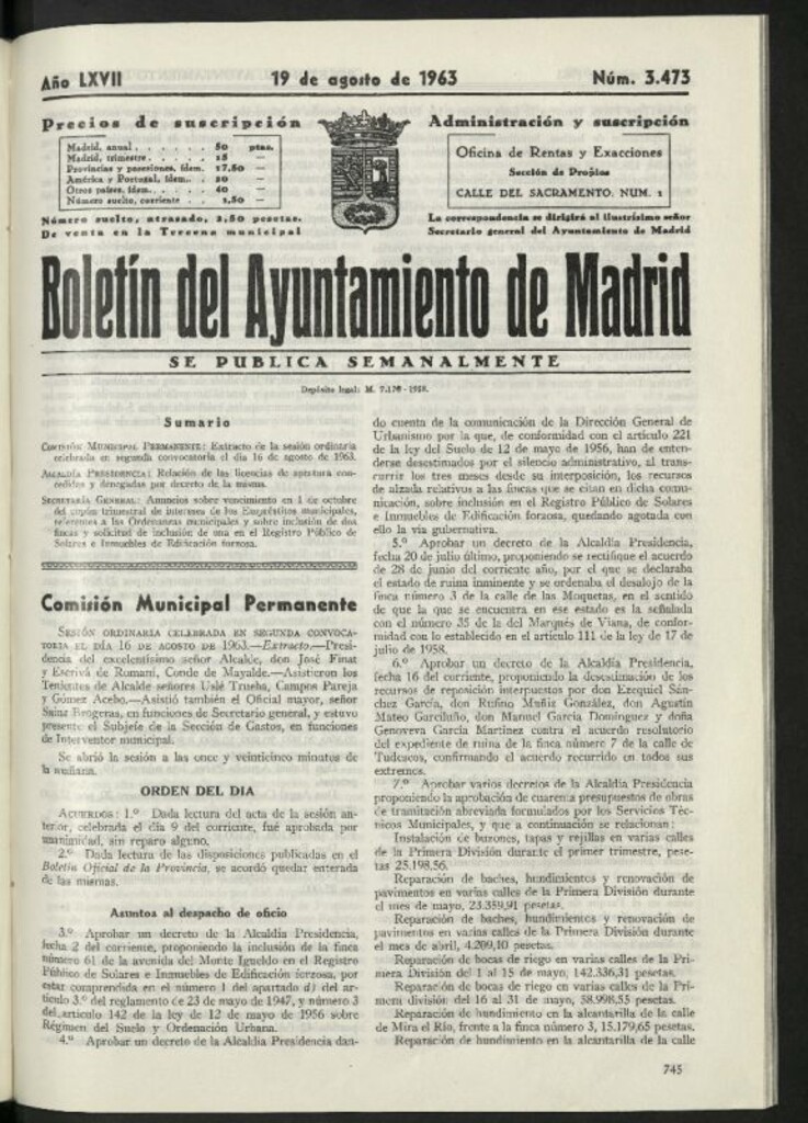 Miniatura de Boletín oficial del Ayuntamiento del 19 de agosto de 1963, nº 3473