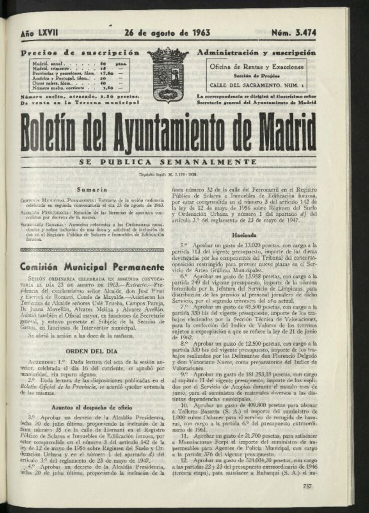 Miniatura de Boletín oficial del Ayuntamiento del 26 de agosto de 1963, nº 3474