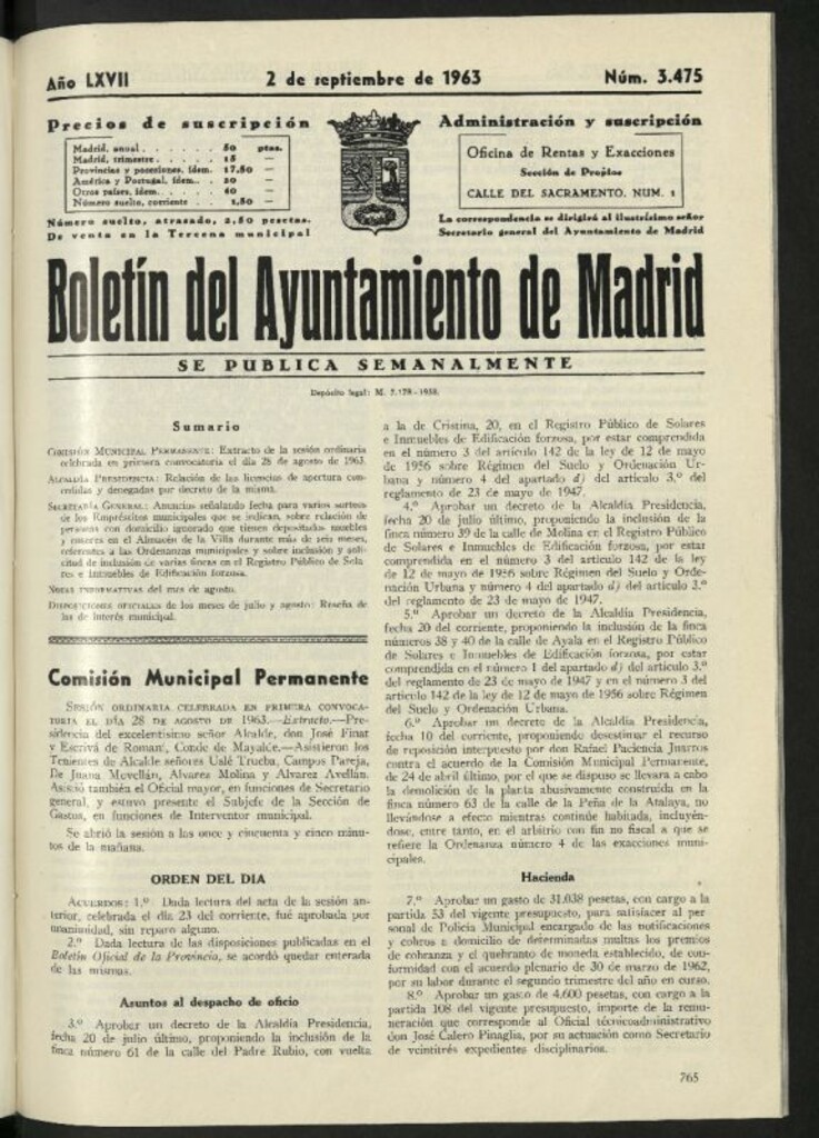 Miniatura de Boletín oficial del Ayuntamiento del 2 de septiembre de 1963, nº 3475