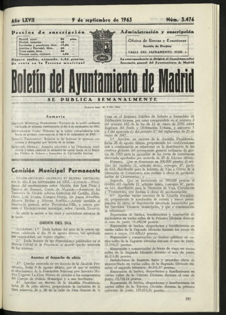 Miniatura de Boletín oficial del Ayuntamiento del 9 de septiembre de 1963, nº 3476