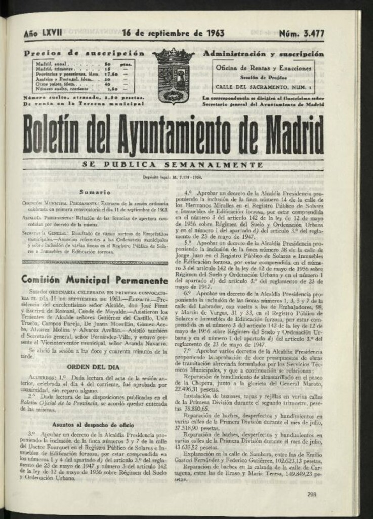 Miniatura de Boletín oficial del Ayuntamiento del 16 de septiembre de 1963, nº 3477