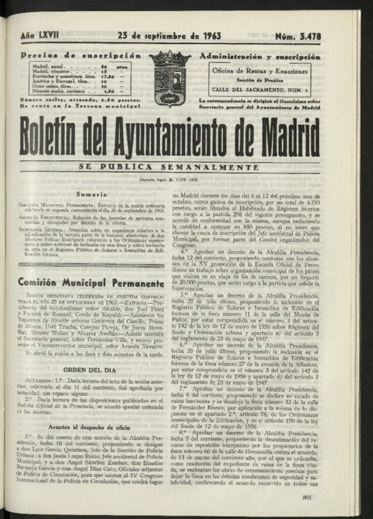Miniatura de Boletín oficial del Ayuntamiento del 23 de septiembre de 1963, nº 3478