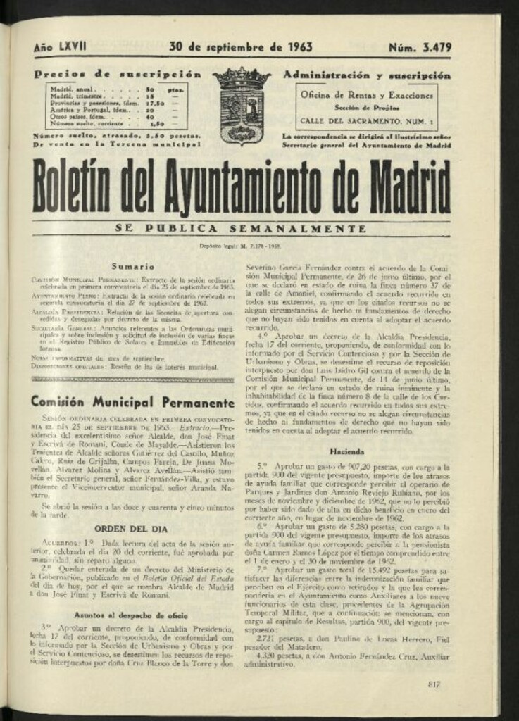 Miniatura de Boletín oficial del Ayuntamiento del 30 de septiembre de 1963, nº 3479