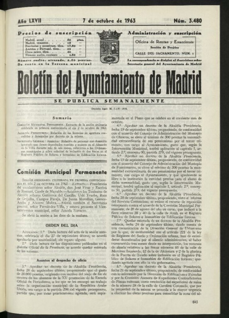 Miniatura de Boletín oficial del Ayuntamiento del 7 de octubre de 1963, nº 3480