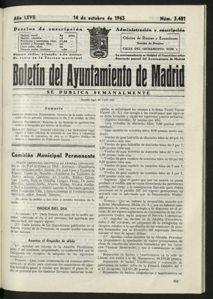 Miniatura de Boletín oficial del Ayuntamiento del 14 de octubre de 1963, nº 3481