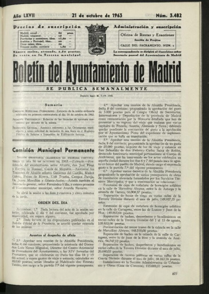Miniatura de Boletín oficial del Ayuntamiento del 21 de octubre de 1963, nº 3482