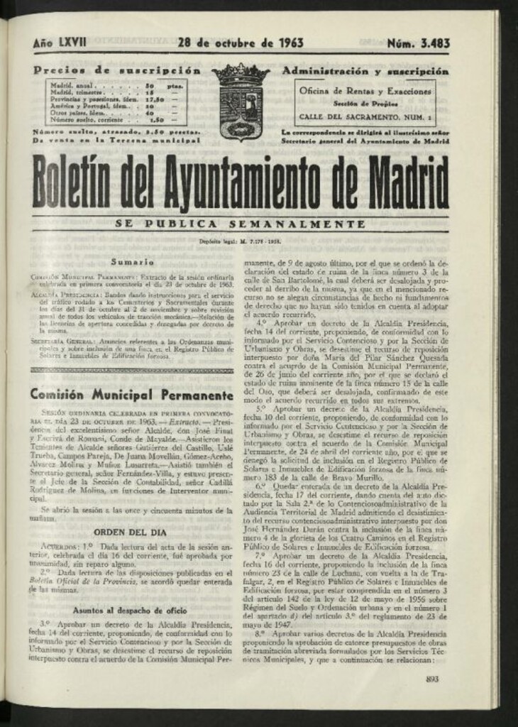 Miniatura de Boletín oficial del Ayuntamiento del 28 de octubre de 1963, nº 3483