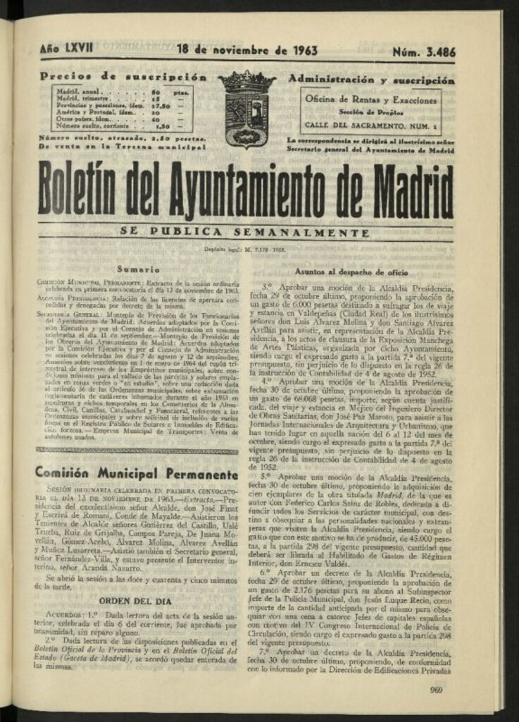 Miniatura de Boletín oficial del Ayuntamiento del 18 de noviembre de 1963, nº 3486