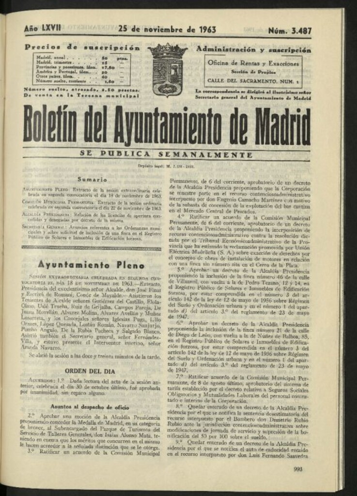 Miniatura de Boletín oficial del Ayuntamiento del 25 de noviembre de 1963, nº 3487