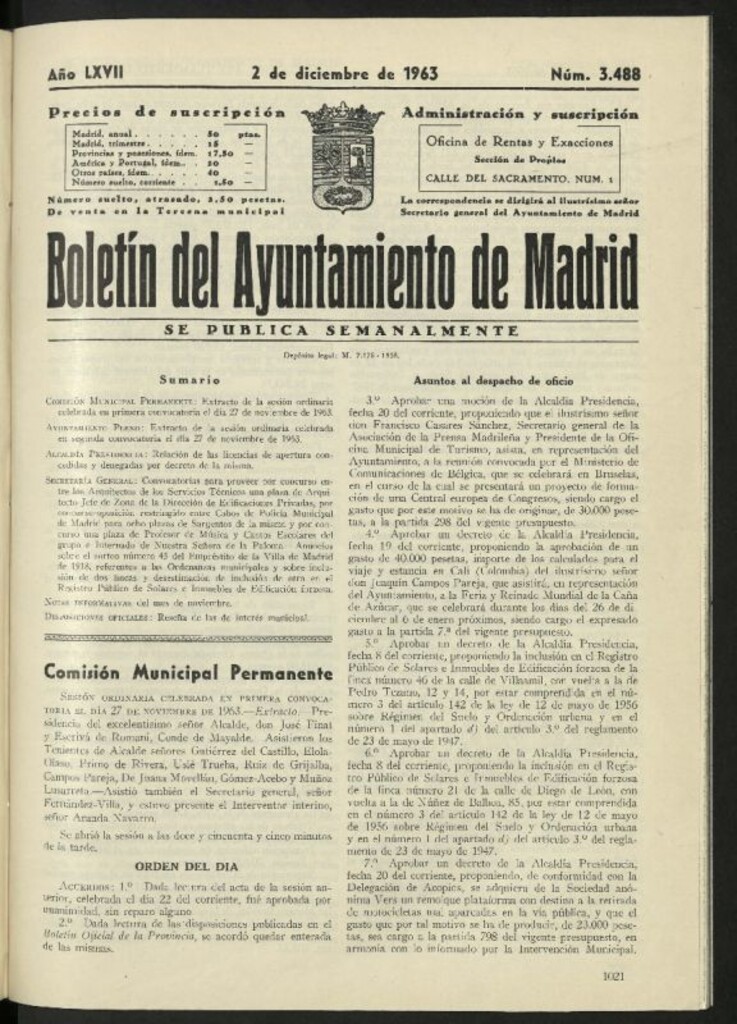 Miniatura de Boletín oficial del Ayuntamiento del 2 de diciembre de 1963, nº 3488
