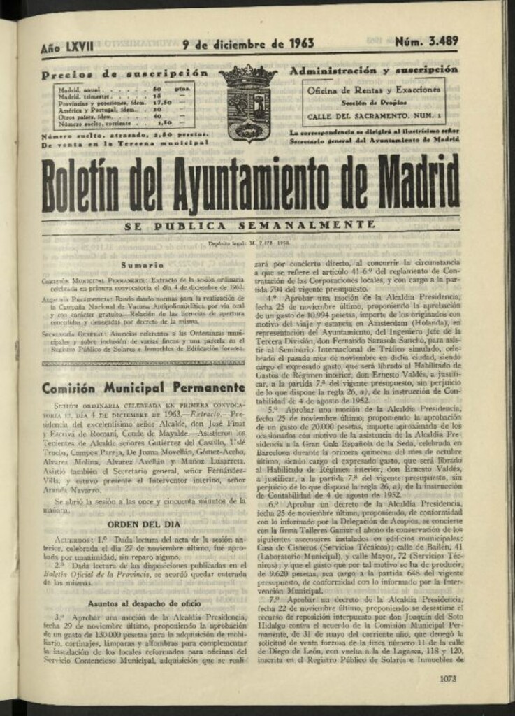 Miniatura de Boletín oficial del Ayuntamiento del 9 de diciembre de 1963, nº 3489