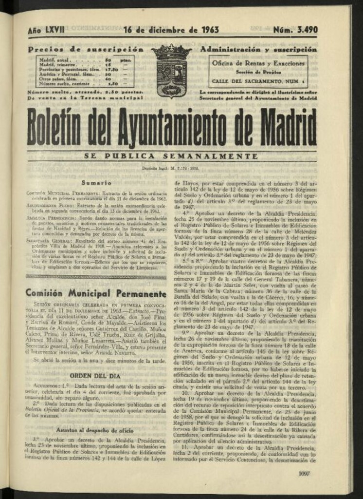 Miniatura de Boletín oficial del Ayuntamiento del 16 de diciembre de 1963, nº 3490