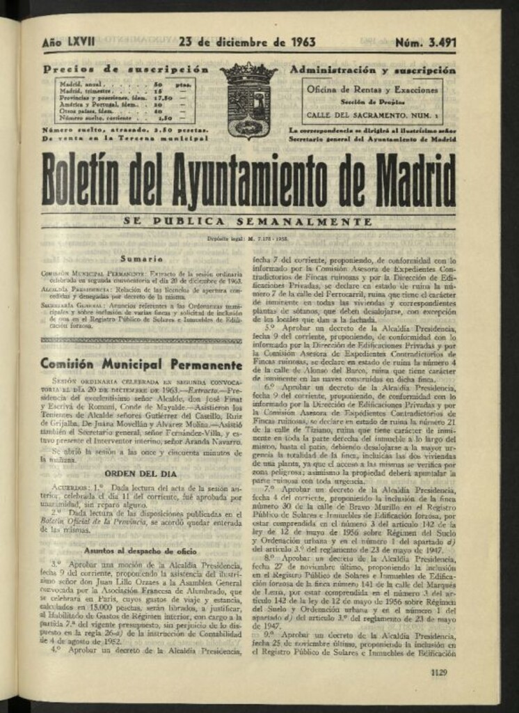 Miniatura de Boletín oficial del Ayuntamiento del 23 de diciembre de 1963, nº 3491