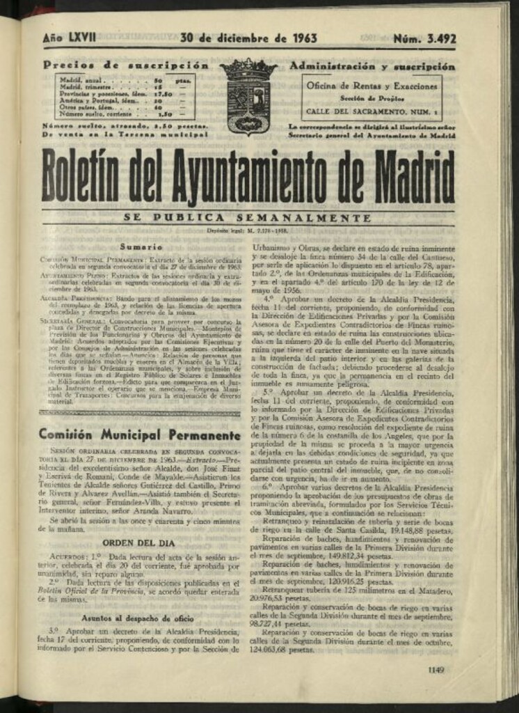Miniatura de Boletín oficial del Ayuntamiento del 30 de diciembre de 1963, nº 3492