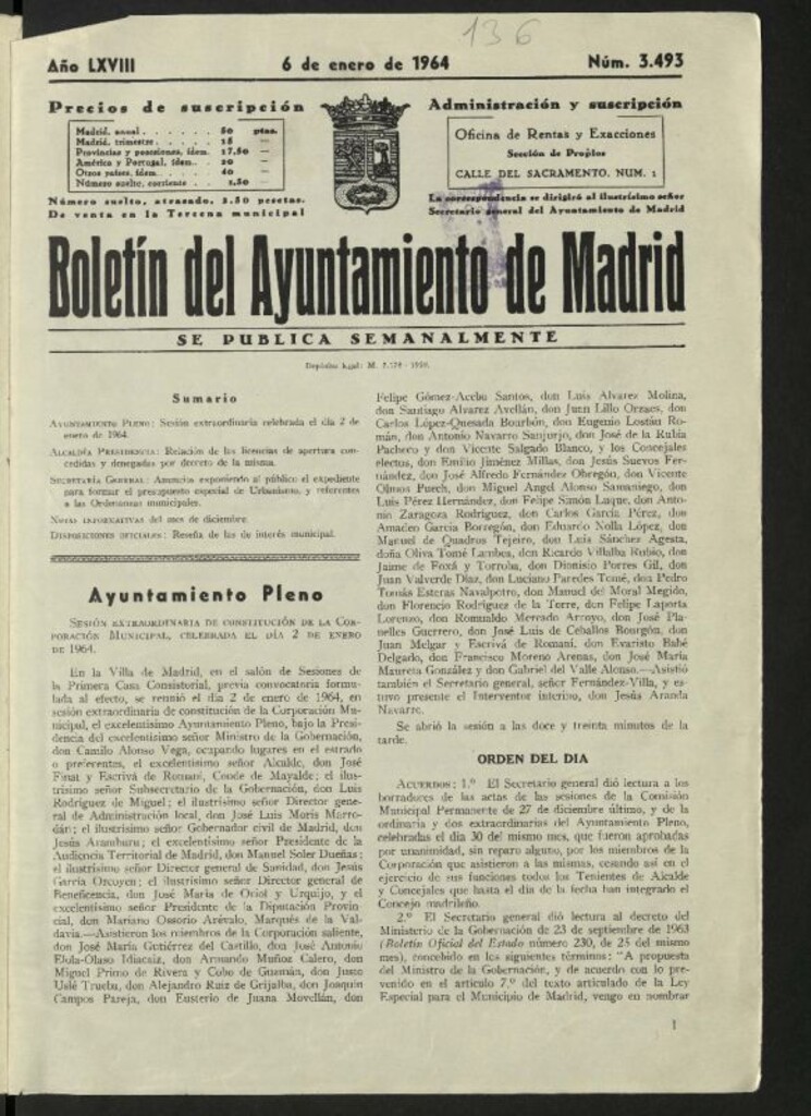 Miniatura de Boletín oficial del Ayuntamiento del 6 de enero de 1964, nº 3493