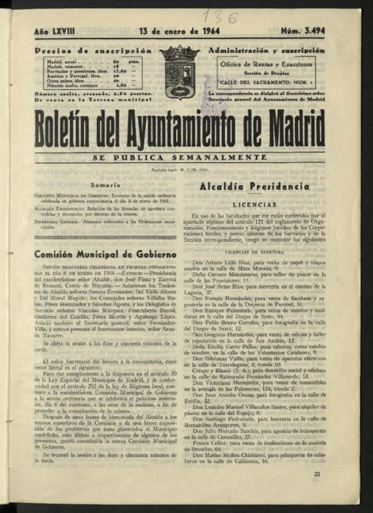 Miniatura de Boletín oficial del Ayuntamiento del 13 de enero de 1964, nº 3494