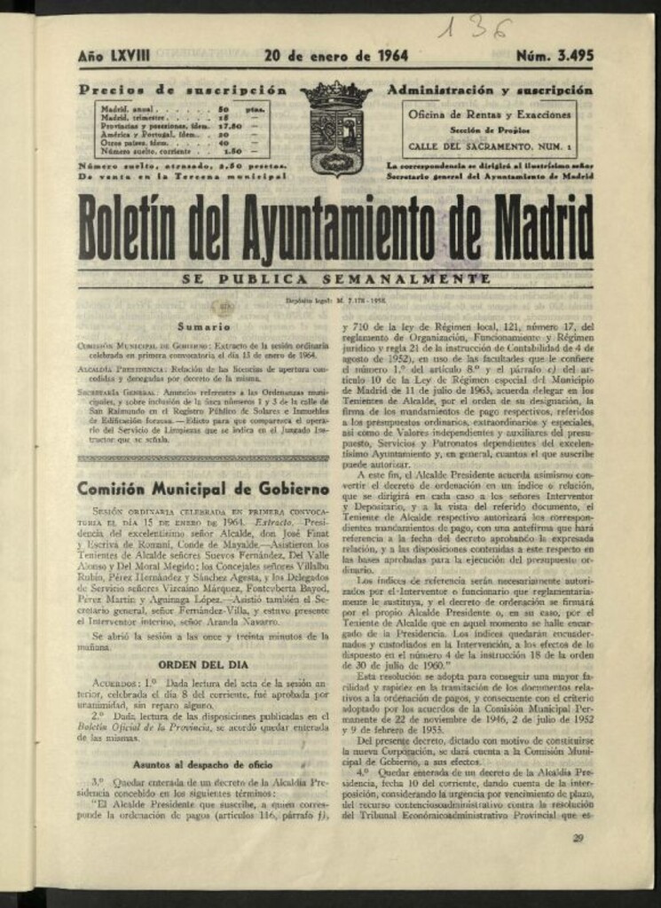 Miniatura de Boletín oficial del Ayuntamiento del 20 de enero de 1964, nº 3495