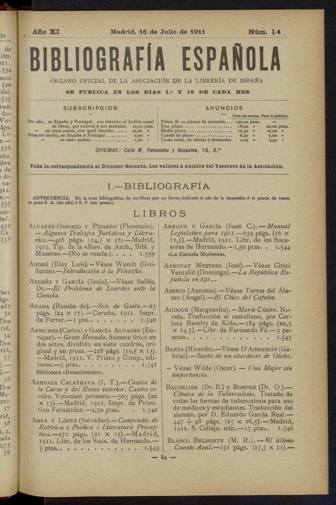 Miniatura de Bibliografía Española del 16 de julio de 1911