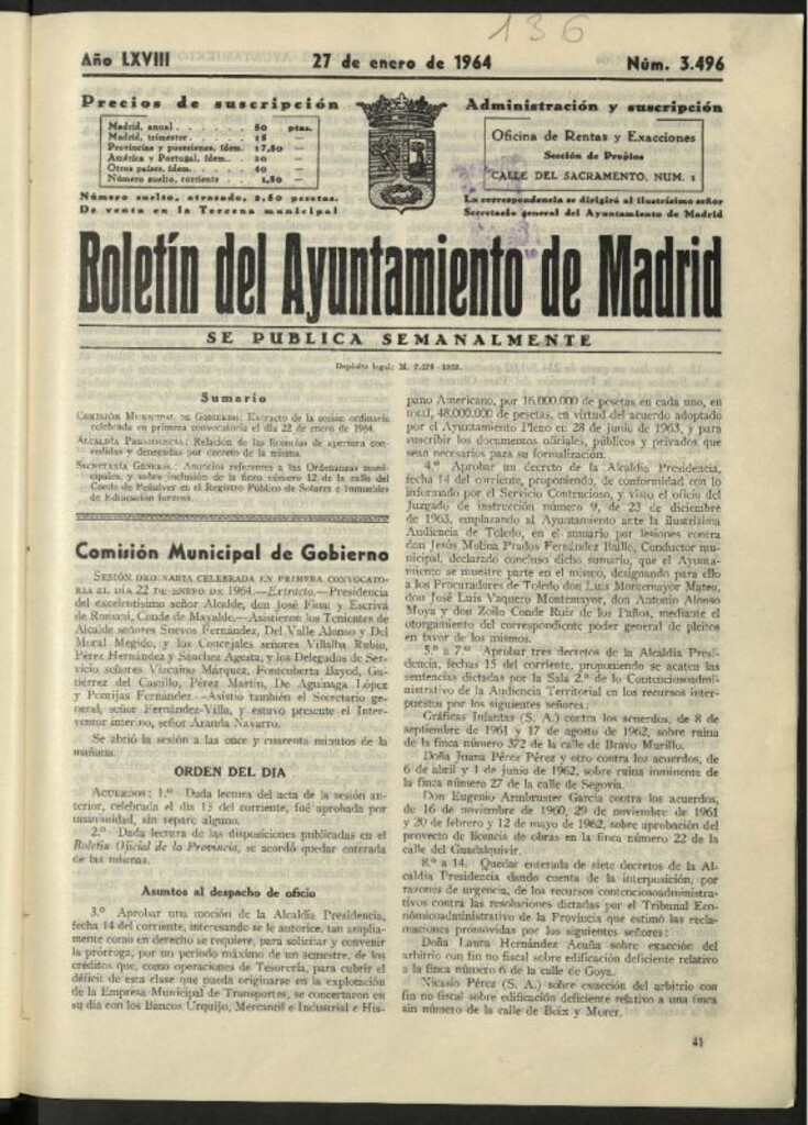 Miniatura de Boletín oficial del Ayuntamiento del 27 de enero de 1964, nº 3496