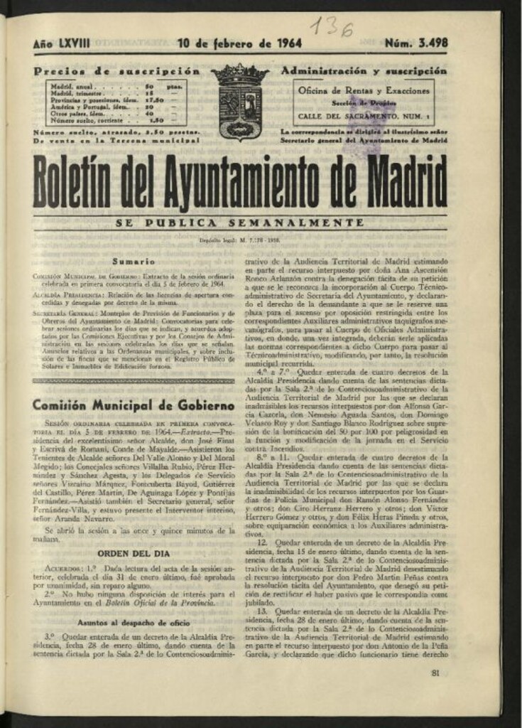 Miniatura de Boletín oficial del Ayuntamiento del 10 de febrero de 1964, nº 3498