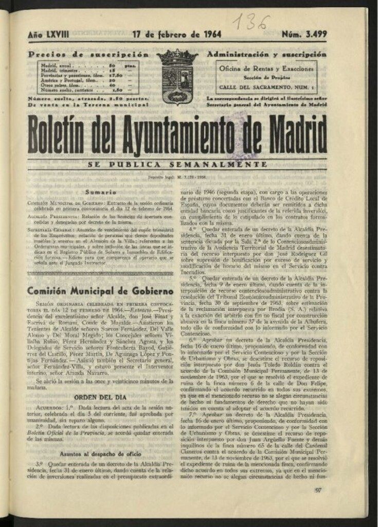 Miniatura de Boletín oficial del Ayuntamiento del 17 de febrero de 1964, nº 3499