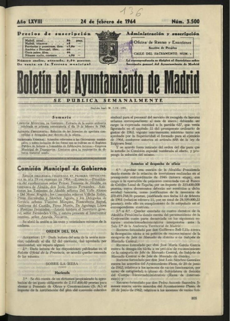 Miniatura de Boletín oficial del Ayuntamiento del 24 de febrero de 1964, nº 3500