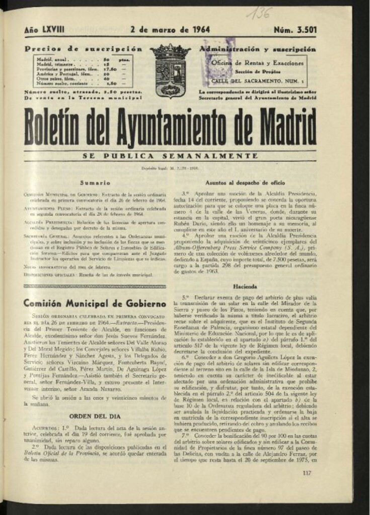 Miniatura de Boletín oficial del Ayuntamiento del 2 de marzo de 1964, nº 3501