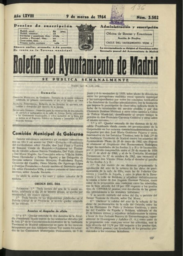 Miniatura de Boletín oficial del Ayuntamiento del 9 de marzo de 1964, nº 3502