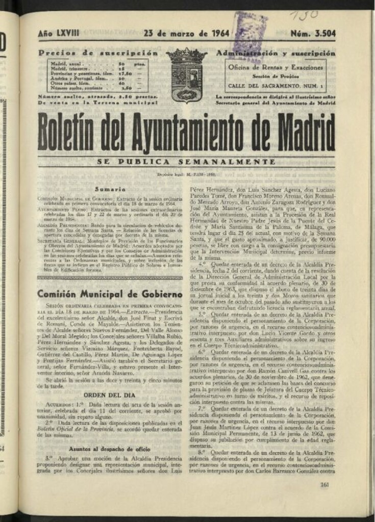 Miniatura de Boletín oficial del Ayuntamiento del 23 de marzo de 1964, nº 3504