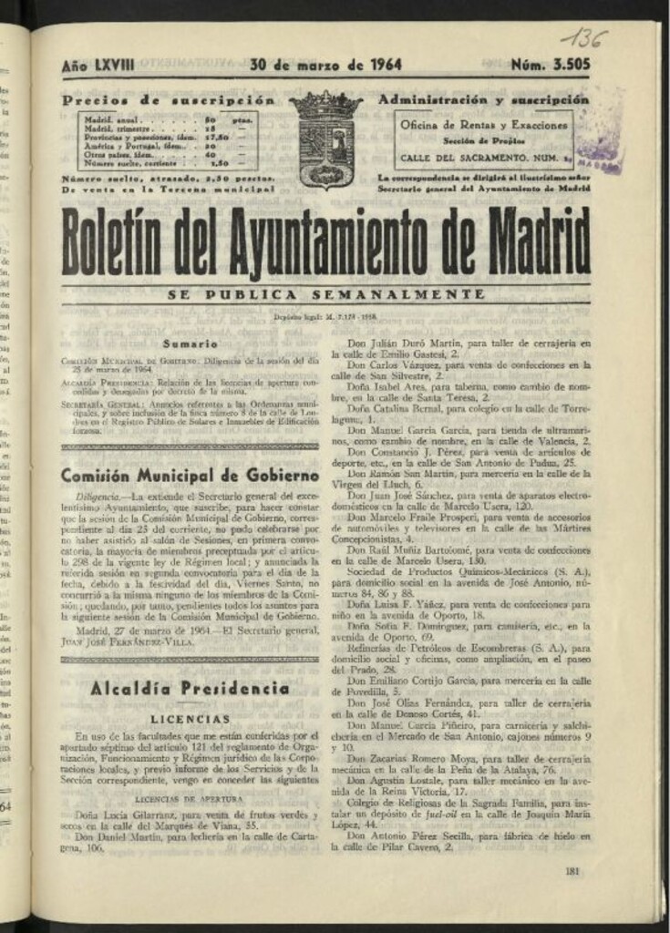 Miniatura de Boletín oficial del Ayuntamiento del 30 de marzo de 1964, nº 3505