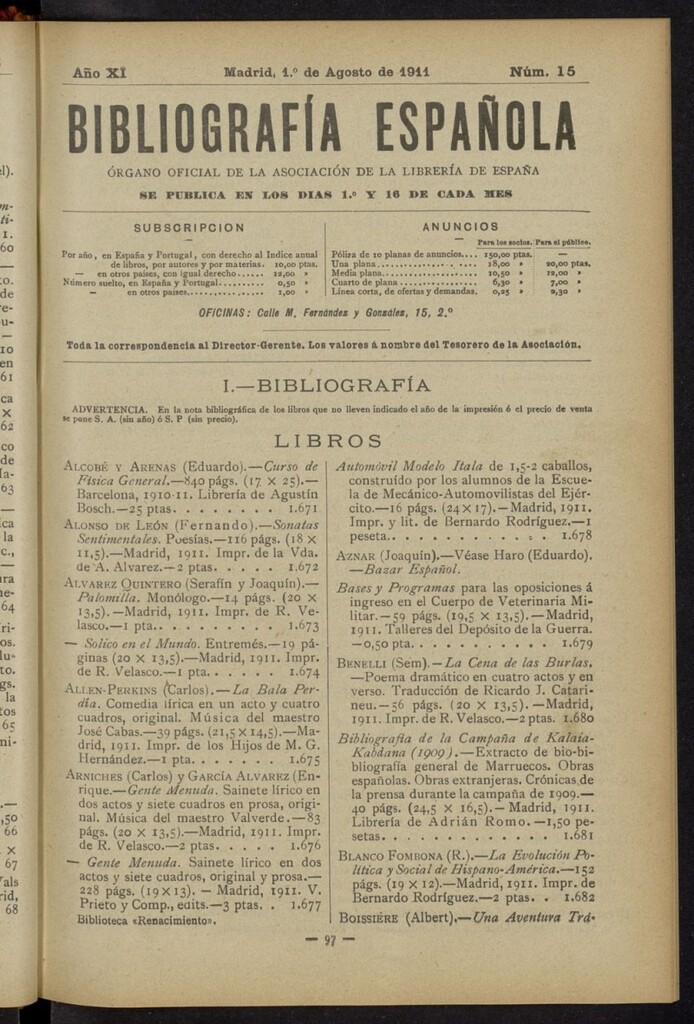 Miniatura de Bibliografía Española del 1 de agosto de 1911