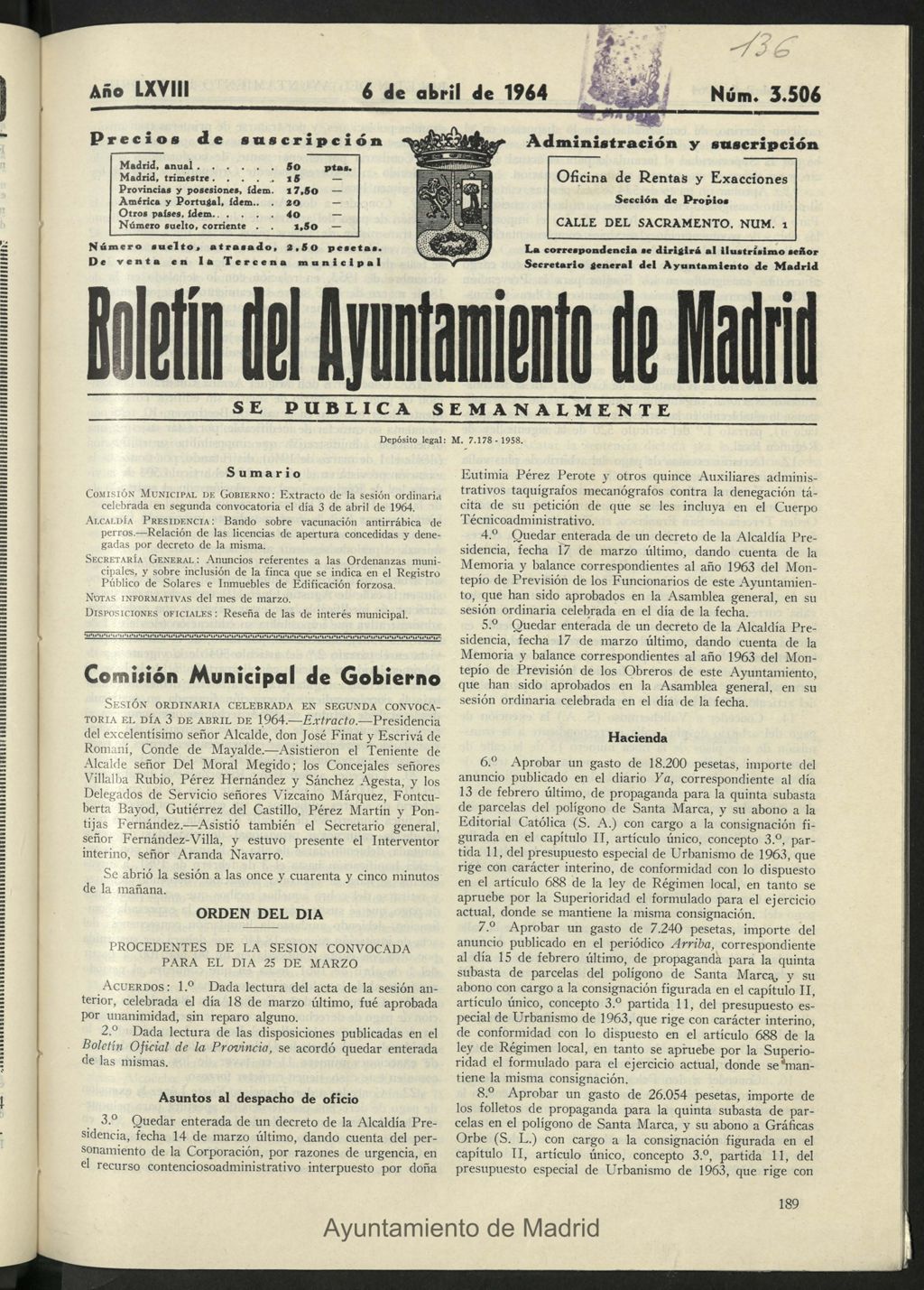 Miniatura de Boletín oficial del Ayuntamiento del 6 de abril de 1964, nº 3506