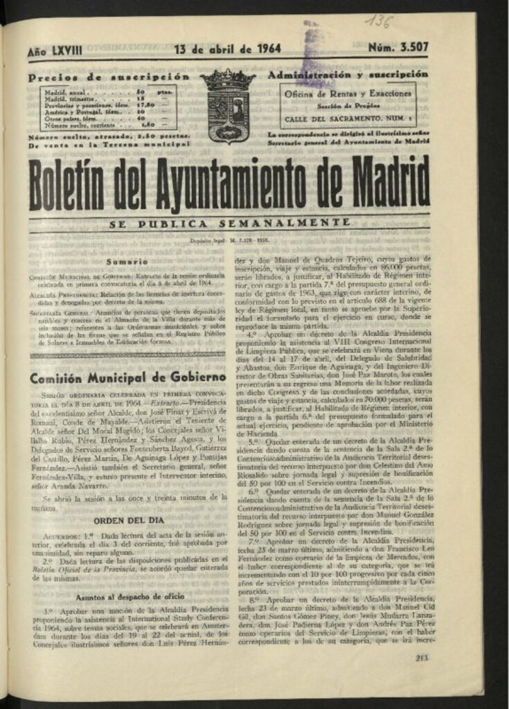 Miniatura de Boletín oficial del Ayuntamiento del 13 de abril de 1964, nº 3507