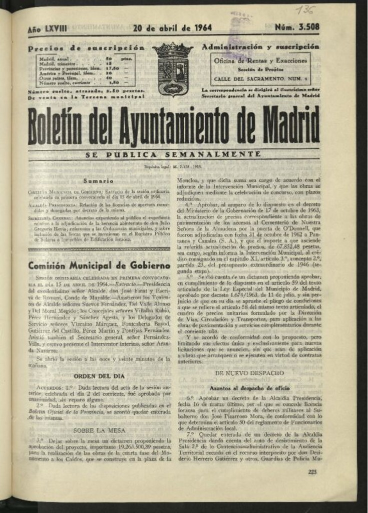 Miniatura de Boletín oficial del Ayuntamiento del 20 de abril de 1964, nº 3508