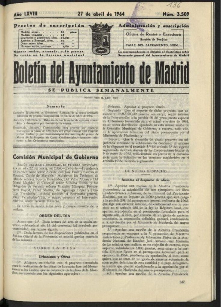 Miniatura de Boletín oficial del Ayuntamiento del 27 de abril de 1964, nº 3509