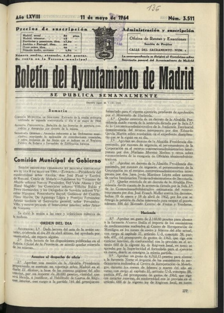 Miniatura de Boletín oficial del Ayuntamiento del 11 de mayo de 1964, nº 3511