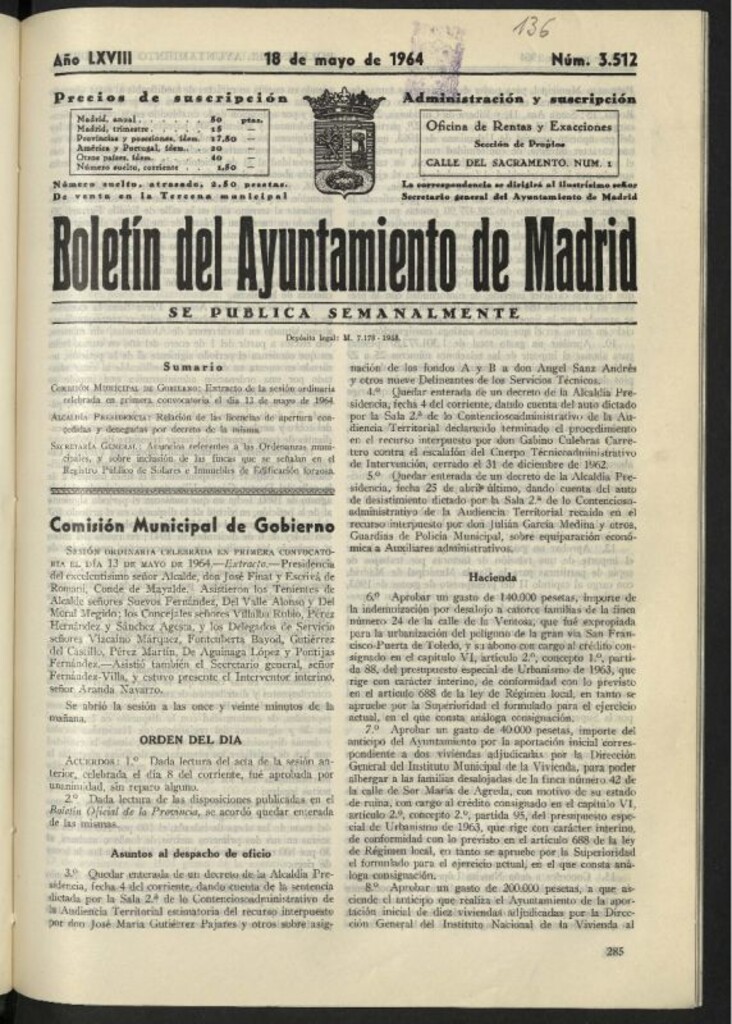 Miniatura de Boletín oficial del Ayuntamiento del 18 de mayo de 1964, nº 3512